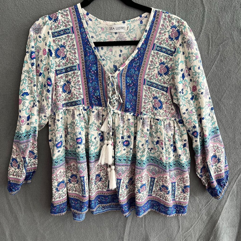SEA LUSTRE lightweight blouse with tassels 3/4 sleeves S/M